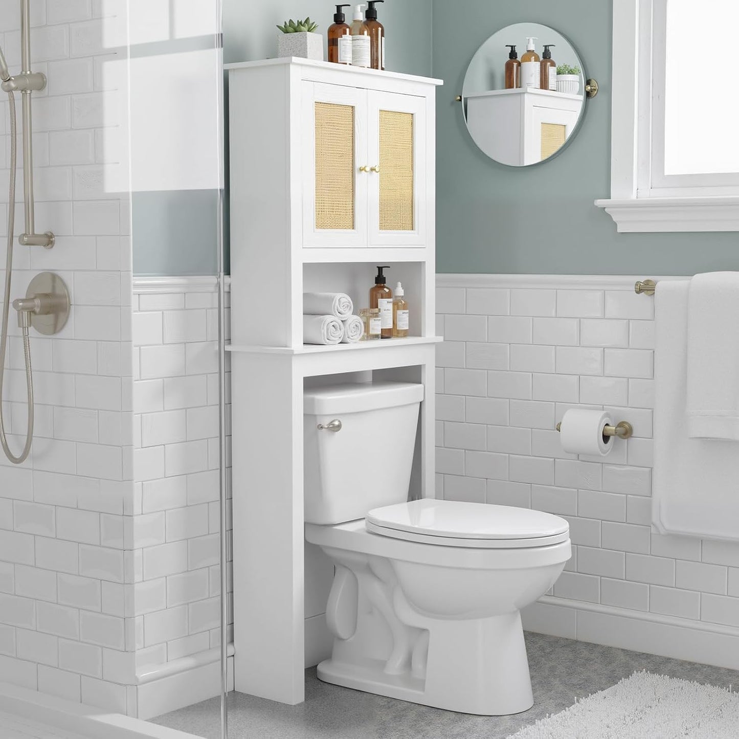 Over The Toilet Storage Cabinet, Behind Toilet Bathroom Organizer with Adjustable Shelves, Above Toilet Organizers with Barn Door, Space Saver for Restroom, Bathroom, Laundry