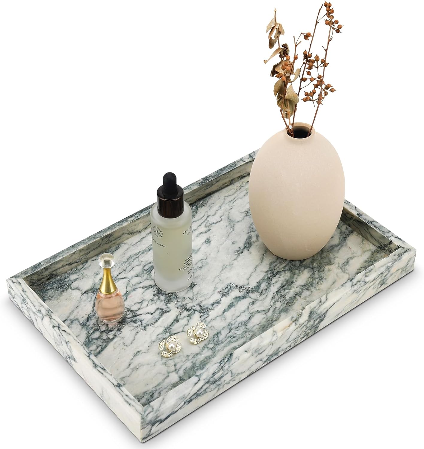 Real Natural Marble Tray for Bathroom, Vanity, Kitchen and Desktop, Rectangle Genuine Marble Stone Tray for Jewelry, Cosmetics, Candles, Lotion, Perfume and Home Decor Cyan Green