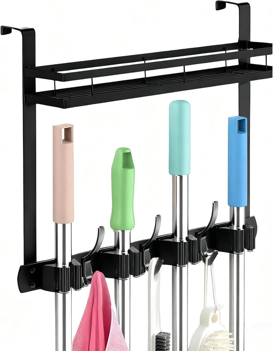 Broom Holder Over The Door Over Door Broom and Mop Rack Over The Door Hooks Organizer With4 Slots & 3 Hooks 1 Storage Basket For Laundry Room, Garage, Closet, Kitchen Decor (black)