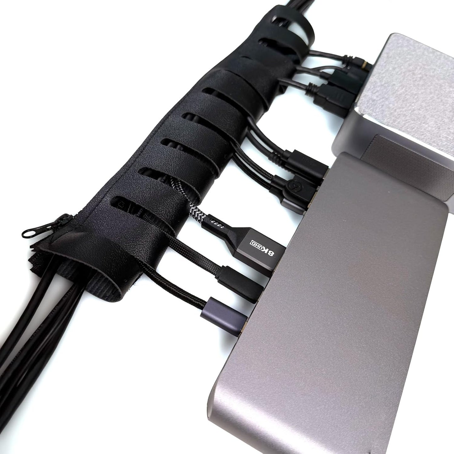 Under Desk Cable Organizer 2-Pack – PU Leather, Zipper Closure with 10 Cable Slots, Tool-Free Mount, Connectable Design for Home and Office Wire Management (Black)