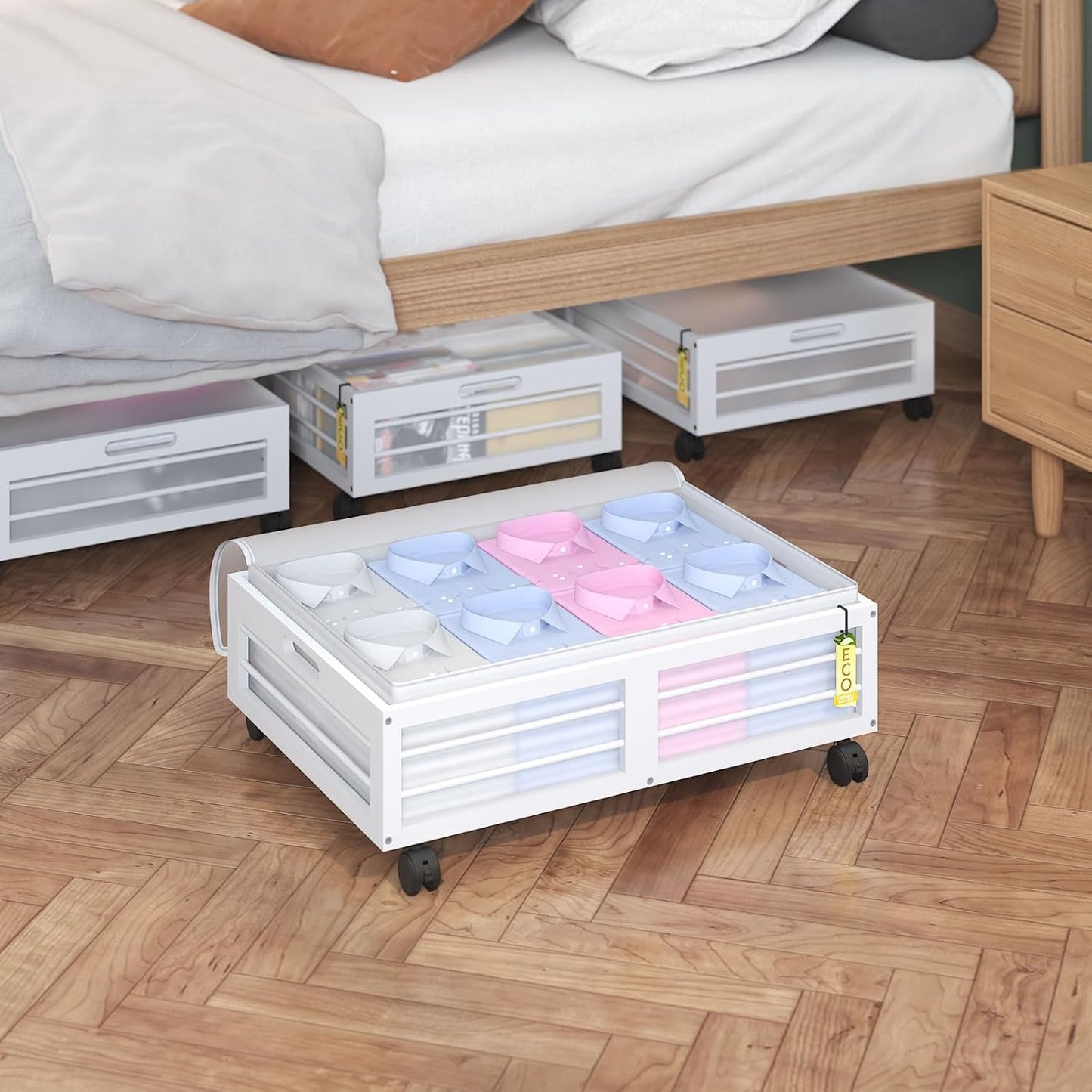 Under Bed Storage Containers with Wheels, Larger Bamboo Wood Under Furniture Storage Containers with Dust Bags，Rolling for Shoes Clothes