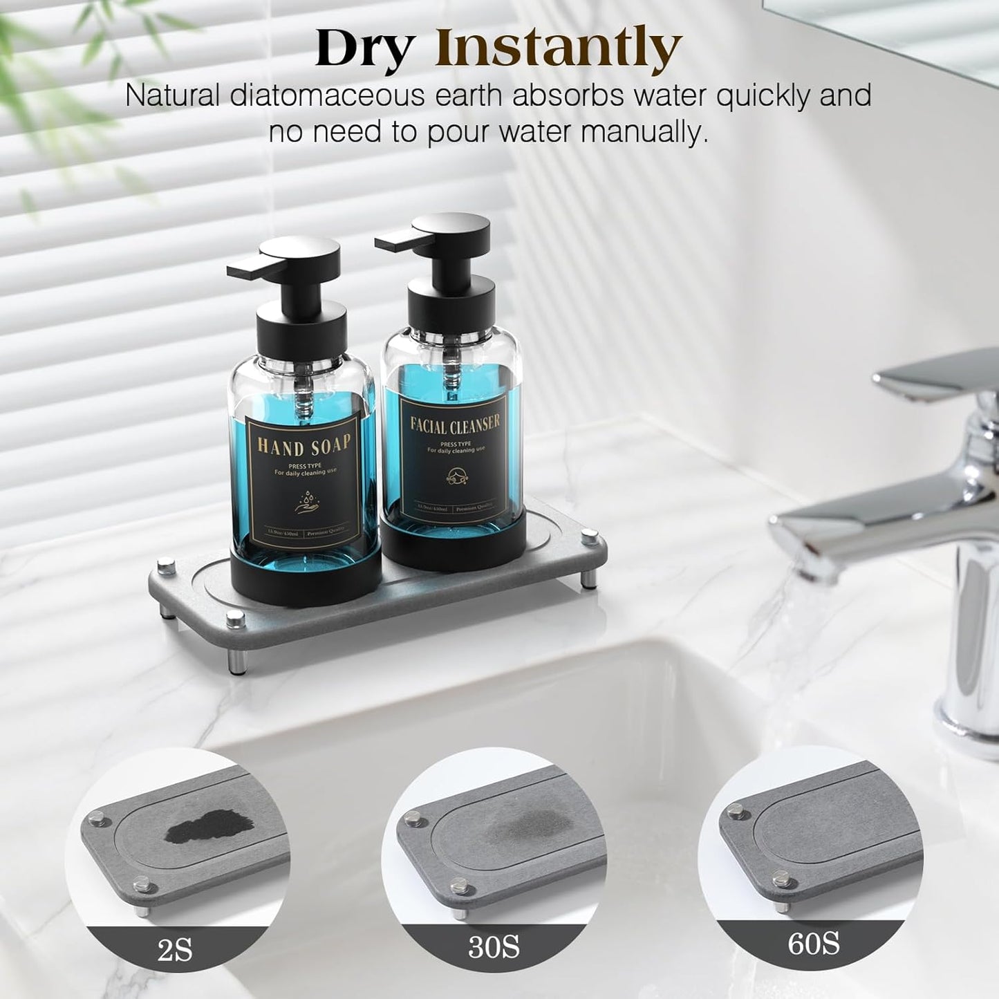 Luxspire Foaming Soap Dispenser, Non-Slip Hand Soap Dispenser with Fast Drying Tray, 15oz Glass Refillable Liquid Bottle for Bathroom & Kitchen, 2 Pack, Transparent + Dark Gray