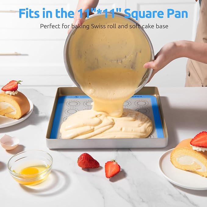 446ºF Heat Resistant Macaron Mat: U-Taste 11x11in Non Stick Silicone Baking Mat, Reusable Cookies Pastry Sheet Liner with Edge Enhancement & Circle Measurement for Square Cake Pan (2 PCS, Light Blue)