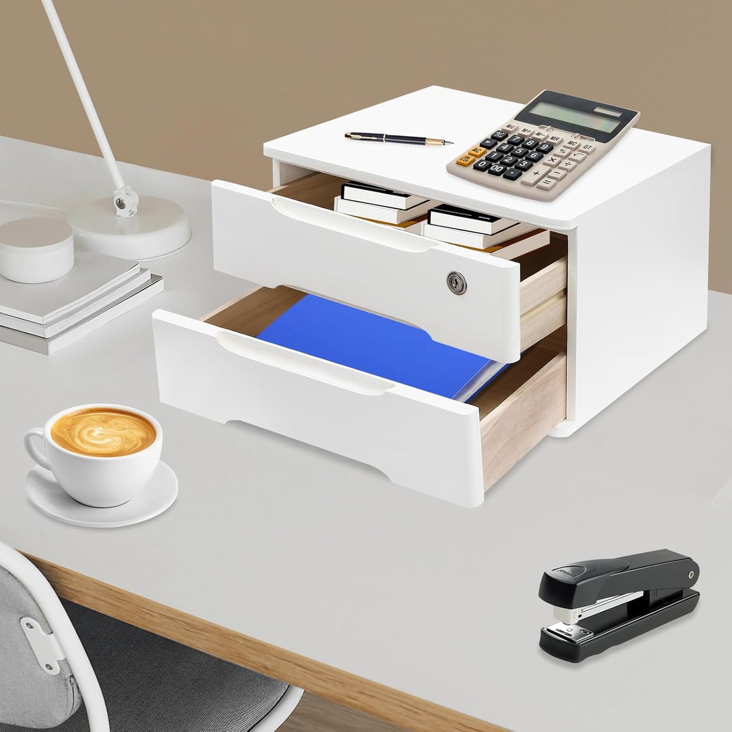 2-Tier Wooden Desktop Storage Box Desk Organizer with 2 Drawers and Lock Countertop Drawers Organizer for Office Supplies File Paper Cosmetic Jewelry, 15.4x11.8x8.5 in (White)