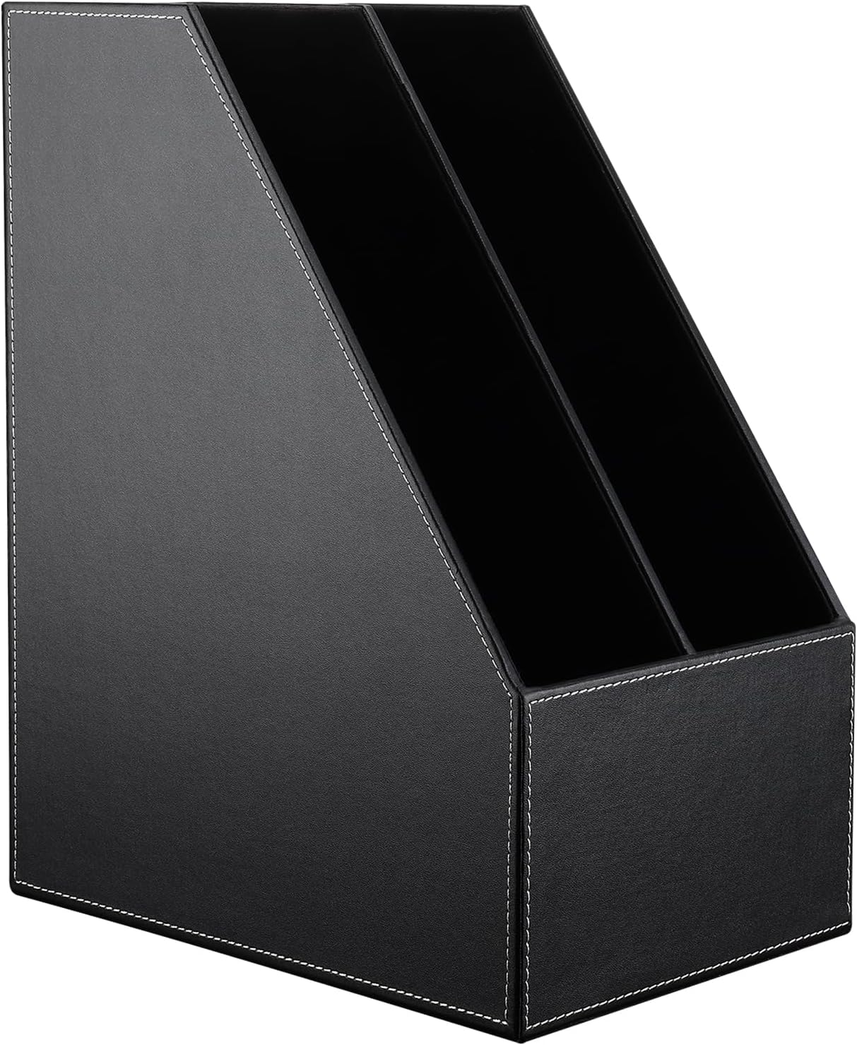 KINGFOM Wooden Leatherette Desktop File Folder Organizer and Document File Stand Journals Magazine Rack 2 Slots (black)