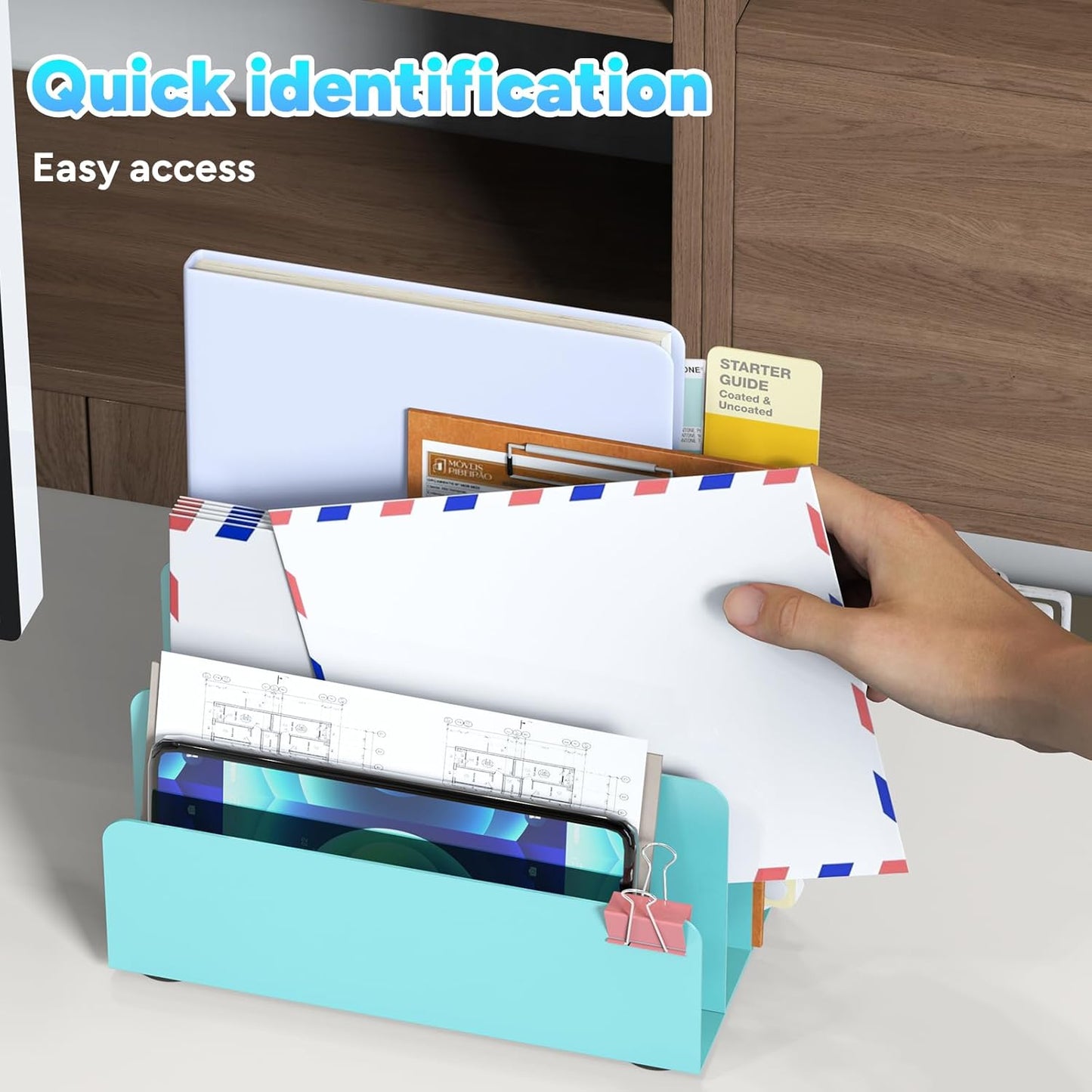 Mail Organizer Countertop, Small Desk File Organizer, Metal File Holder - Essential Workspace Organizers for Office Desk, Home Office (Blue)