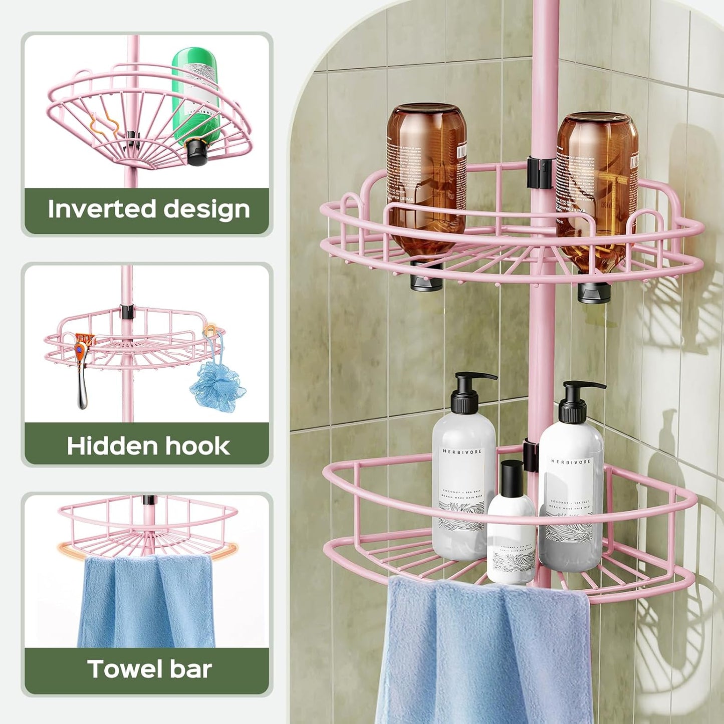HAMITOR Corner Shower Caddy Tension Pole: 4-Tier Rust-Resistant Adjustable Bathroom Organizer Shelves - 47-121 Inch No-Drill Quick Installation - Space-Saving Storage for Renters Family - Pink