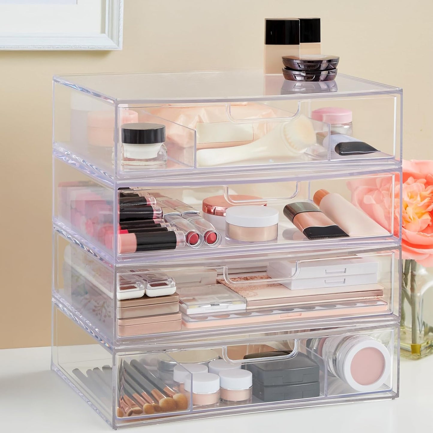 STORi STAX Plastic Stackable Organizer Drawers (Set of 2) Clear | 12.5" Wide | Set Includes One Open Drawer & One Divided Drawer | Organize Office Desk Accessories & Sort Paper | Made in USA