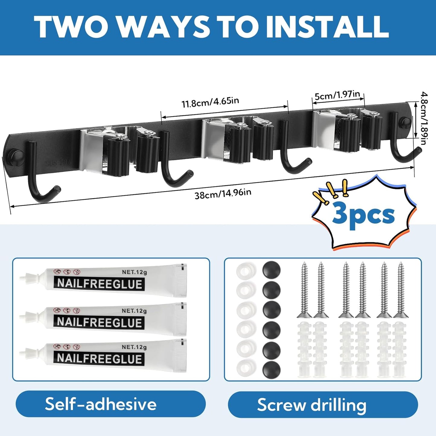 3 Pack Black Mop and Broom Holder Wall Mount Self Adhesive 3 Racks with 4 Hooks Broom Organizer Wall Mount Stainless Steel Broom Hanger for Home Kitchen Garden Laundry Garage Organization Storage