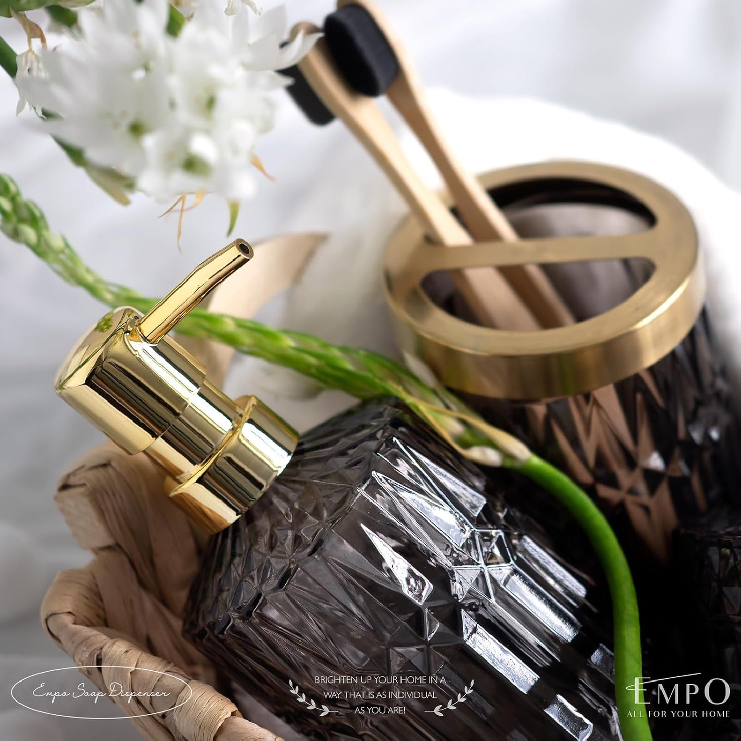 EMPO 6PCS Bathroom Clear Glass Accessories Set (Lotion Soap Dispenser, Soap Dish, Toothbrush Holder, Tumbler, Cotton Swab Jar) Contemporary Modern Decor Crystal Clear Vintage Gift (6pcs Gray)