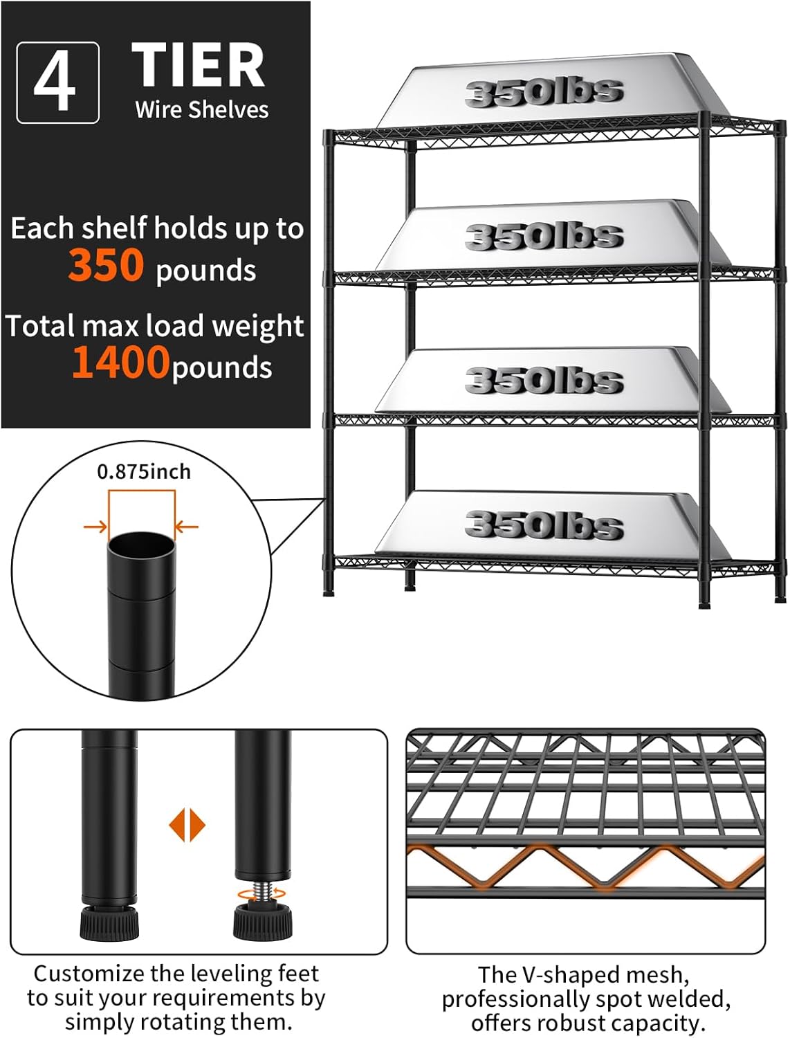 4 Tier Adjustable Storage Shelves,Heavy Duty Metal Utility Shelf 1400LBS Capacity Wire Shelving Unit Organizer Rack for Kitchen Office Pantry Room 18" D x 46" W x 59" H Black