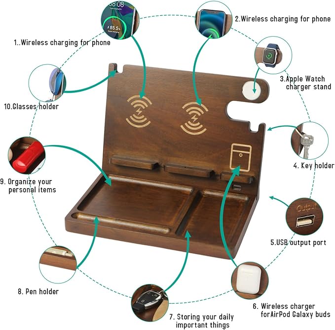 Wireless Charging Station,Wood Phone Docking Station for Men,Nightstand Organizer Charging Station with 4 Wireless Charger Fast Charging for iPhone/Samsung/Apple Watch/Earbuds,Gifts for Men