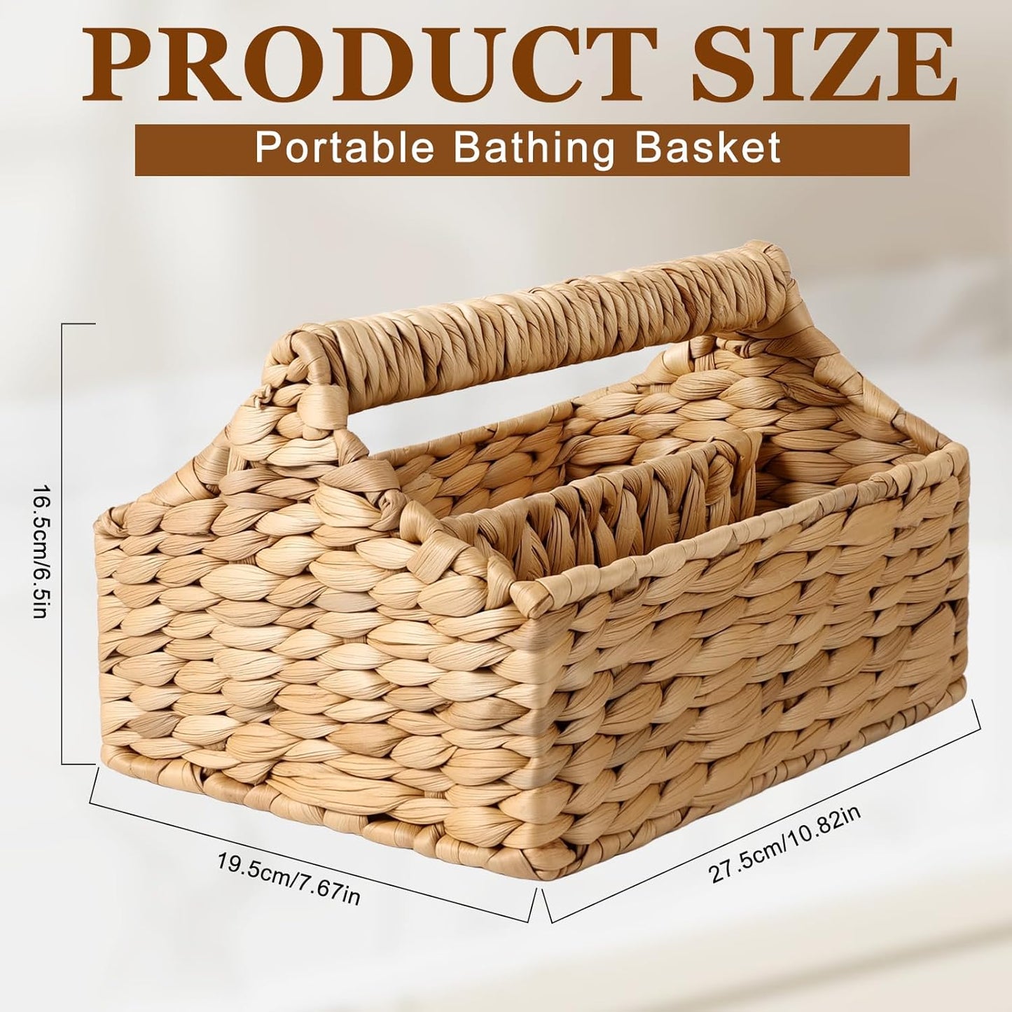 Portable Shower Caddy with Handle Rattan Woven Cleaning Caddy Organizer Water Hyacinth Shower Basket for Bathroom Kitchen Bedroom Storage, Dorm Room Essentials