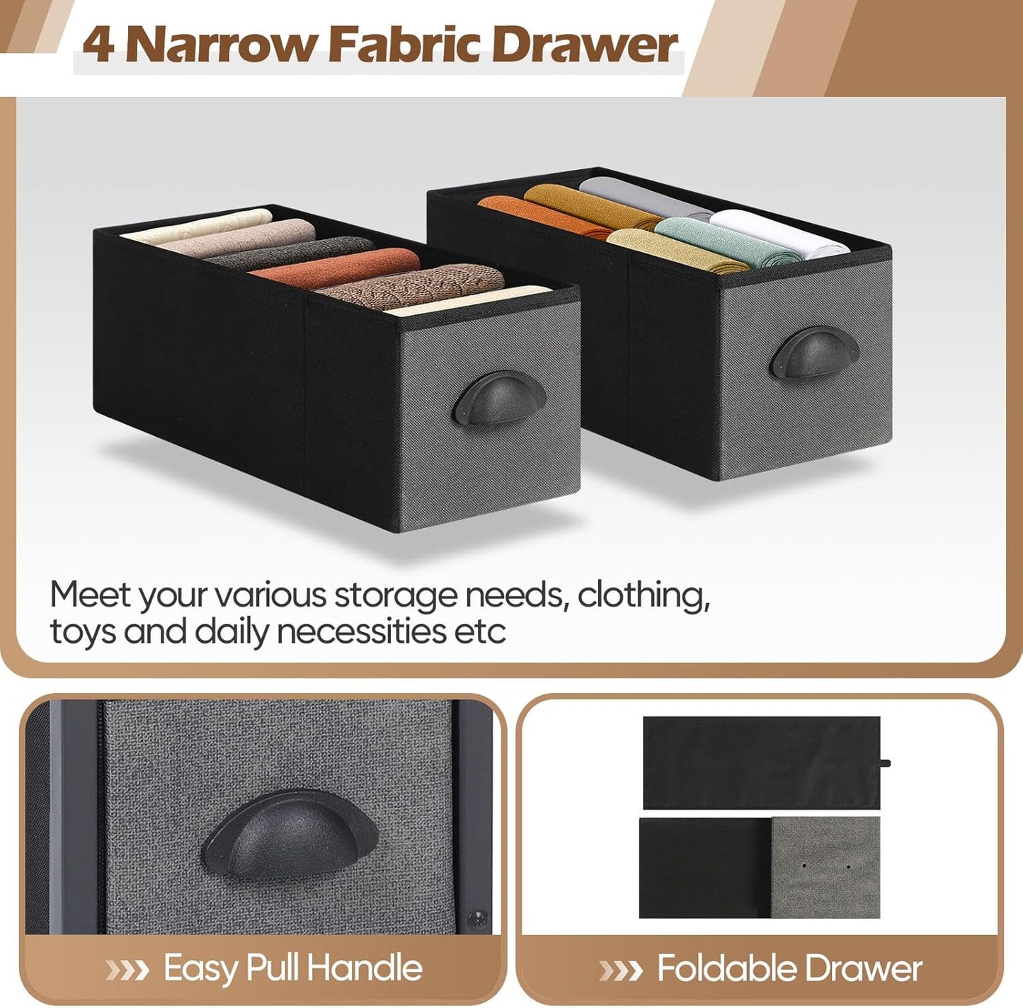 MOOACE Narrow Dresser with 4 Drawers, Dresser for Bedroom, Small Fabric Dresser Vertical Storage Tower Standing, Steel Frame & Wooden Top Chest of Drawers for Bedroom, Bathroom & Laundry, Black/Gray