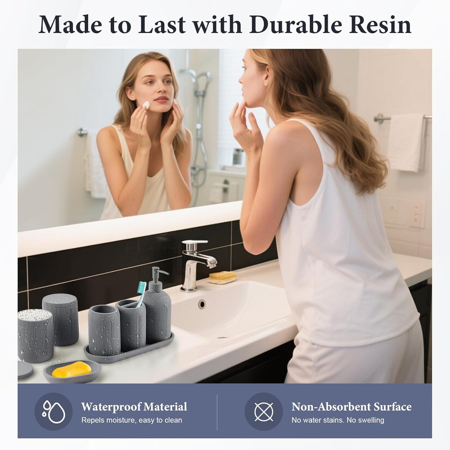 Bathroom Accessories Set - 7-Piece Resin Bathroom Set, Toothbrush Holders Set, Soap Dispenser, Qtip Holder Dispenser, Tumbler, Soap Dish & Tray, Modern Bath Decor for Home Dorm Hotel (Grey)