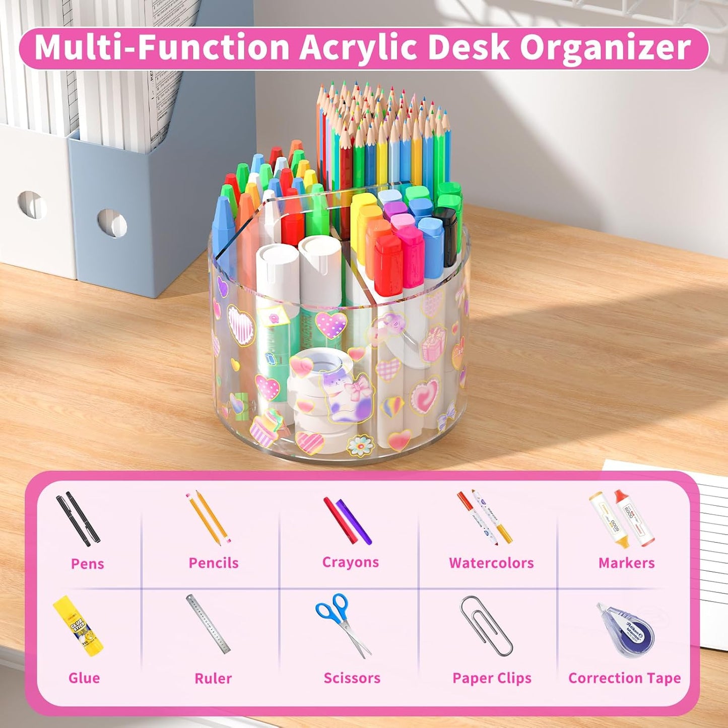 Acrylic Pencil Organizer for Desk 4 Compartments with Adhesive DIY Sticker, Rotating Art Supply Organizer with Kawaii Sticker Kids, Spinning Round Marker Small Supply Caddy