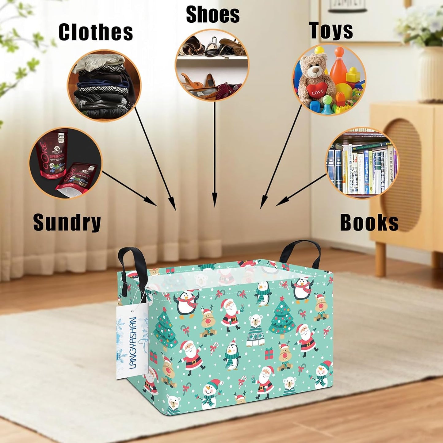 LANGYASHAN Rectangular Christmas Santa Claus Storage Basket with Handles for Organizing Home Kitchen Boys and Girls Toys Office Closet Shelf Baskets (Rec Penguin Santa Claus)