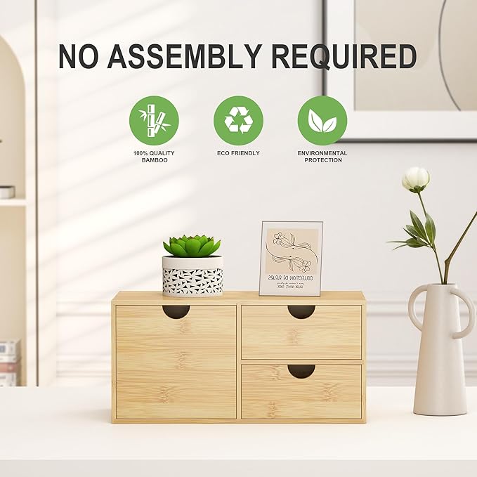 Bamboo Desk Organizer with Drawers - Small Desktop Countertop Mini Tabletop Storage Container - No Assembly Required