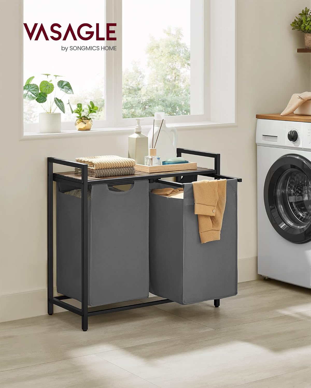 VASAGLE Laundry Hamper, Laundry Basket, Laundry Sorter with 2 Pull-Out and Removable Bags, Shelf, Metal Frame, 2 x 12.1 Gallons (46 L), 28.8 x 13 x 28.4 Inches, Slate Gray and Rustic Brown UBLH201G01