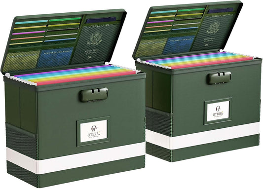 Oterri 2 Pack Fireproof Document Box With Lock, Portable File Safe Box Fireproof Waterproof For Letter Files, Collapsible Fireproof File Box With Handle (Green, 2 Pack)
