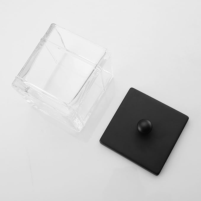 Clear Transparent Hotel Style Apothecary Tempered Glass Canister Jar W/ Matte Black Metal Lid Cover, Classic Countertop Organizer for Cotton balls/pads, Floss Picks, Makeup Storage