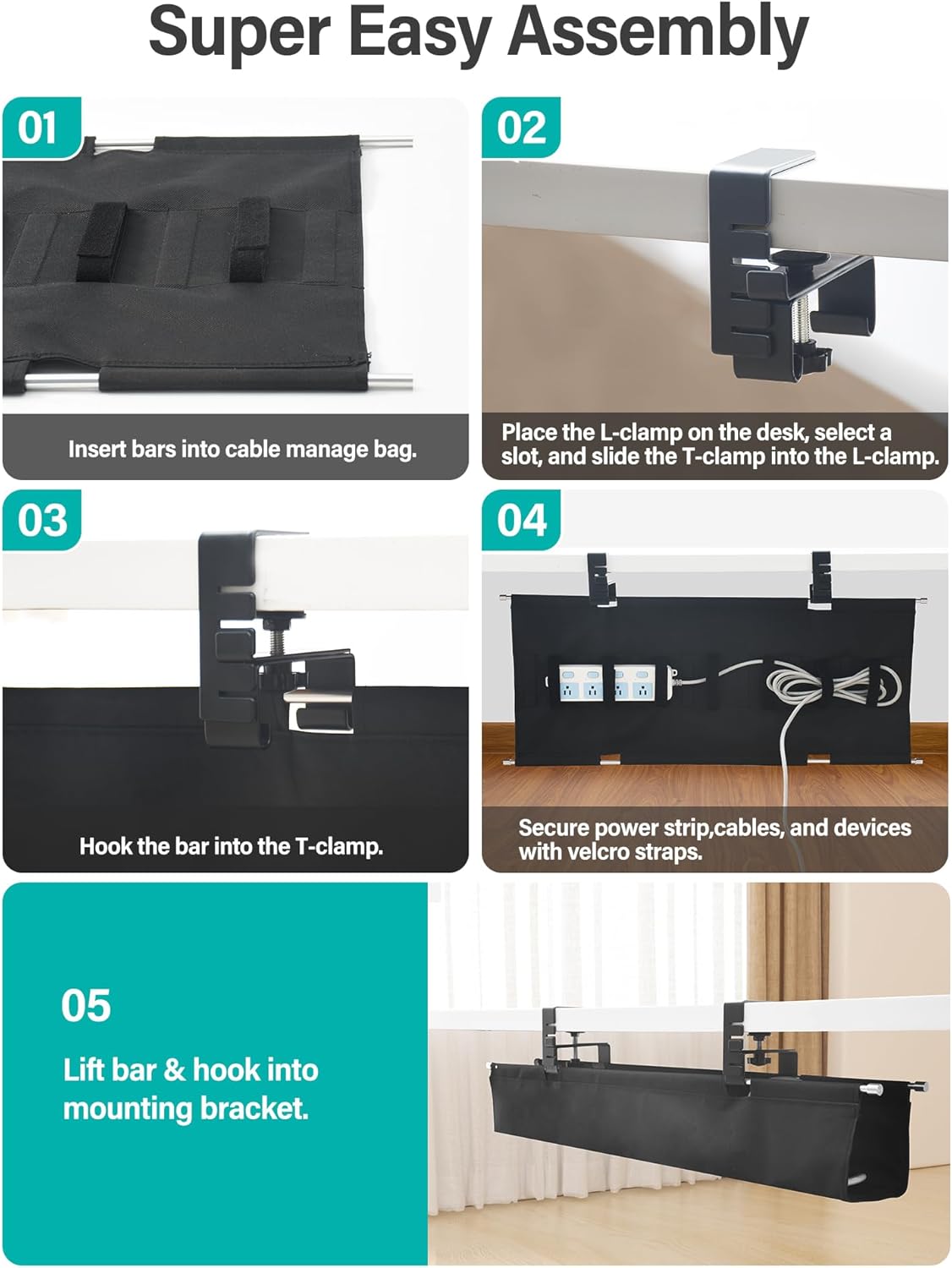 [Upgraded] 28.4" Under Desk Cable Management Tray, Orapoke Cable Management Under Desk No Drill, Large Fabric Cord Hider for Wire Organization, Cord Organizer Supports Up to 30lbs for Office, Home
