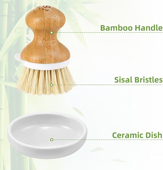 SUBEKYU Bamboo Dish Brush, Kitchen Dish Scrubber Brush, Natural Wooden Dishwashing Brush for Cleaning Dishes/Pans/Pots, Built-in Scraper, Sisal Bristles,1 Set