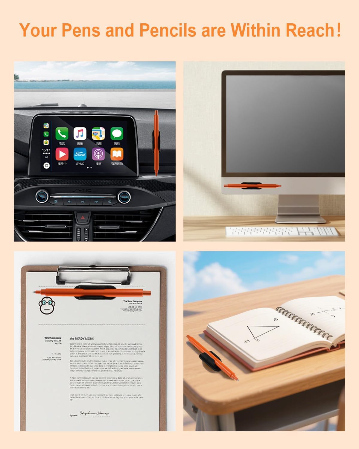 Adhesive Pencil Holders for Desk Set of 10 - Silicone Pen Holder with 15 PCS Upgraded Adhesive Pads - Flexible Pencil Holder for Walls Clipboards, Office Essentials Accessories Teacher Supplies