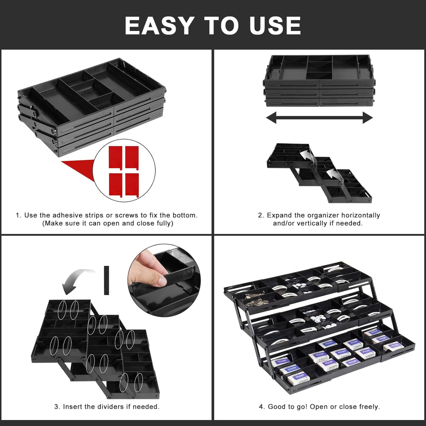 Aobiono Multi Level Smart Drawer Organizer, Multi Tier Expandable Storage Collapsible Foldable Trays for Jewelry, Cosmetics, Makeup, Tools, Battery (Black, Single Row - 3 Levels)