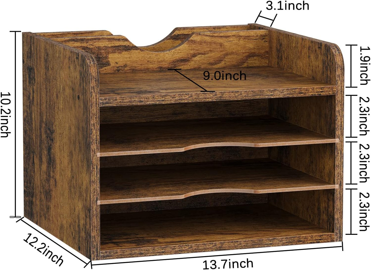 Snughome Vintage Wood File Organizer Desktop, 13.7‘’ Document Letter Mail Tray Sorter with 3 Adjustable Shelves, Wooden Desktop Paper File Sorter Holder for School Home Office Supplies (Rustic Brown)