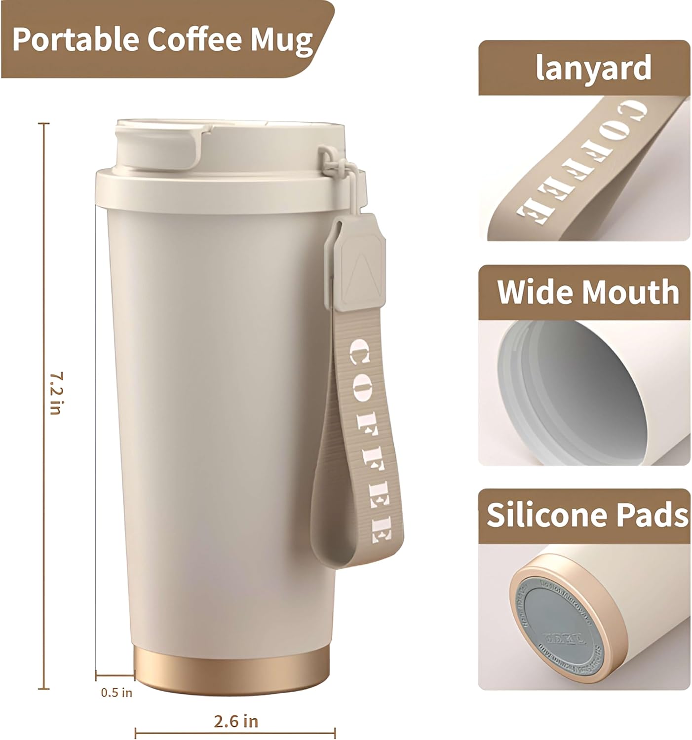 18 oz Insulated Coffee Mug with Straw and Lid, Durable Stainless Steel Coffee Cups with Strap, Reusable Iced&Hot Coffee Tumbler,Portable Coffee Travel Mug for Car, Camping-Creamy White
