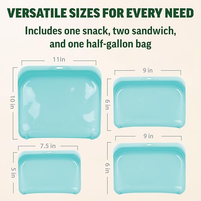 Zenlogy Reusable Silicone Snack Bag, Air-Tight Multi-Use, Freezer and Microwave Safe Food Storage Containers, Eco-Friendly alternative to plastic bags, 4 Pack (1 Snack, 2 Sandwich, 1 Half Gallon Size)