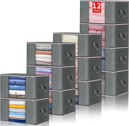 Budding Joy Clothes Storage, Foldable Large Blanket Bags, Storages and Organization for Clothing, Blanket, Comforter, Clothes, Pillows, Toys, Closet Organizers with Enhanced Handle, 60L 12 Pack