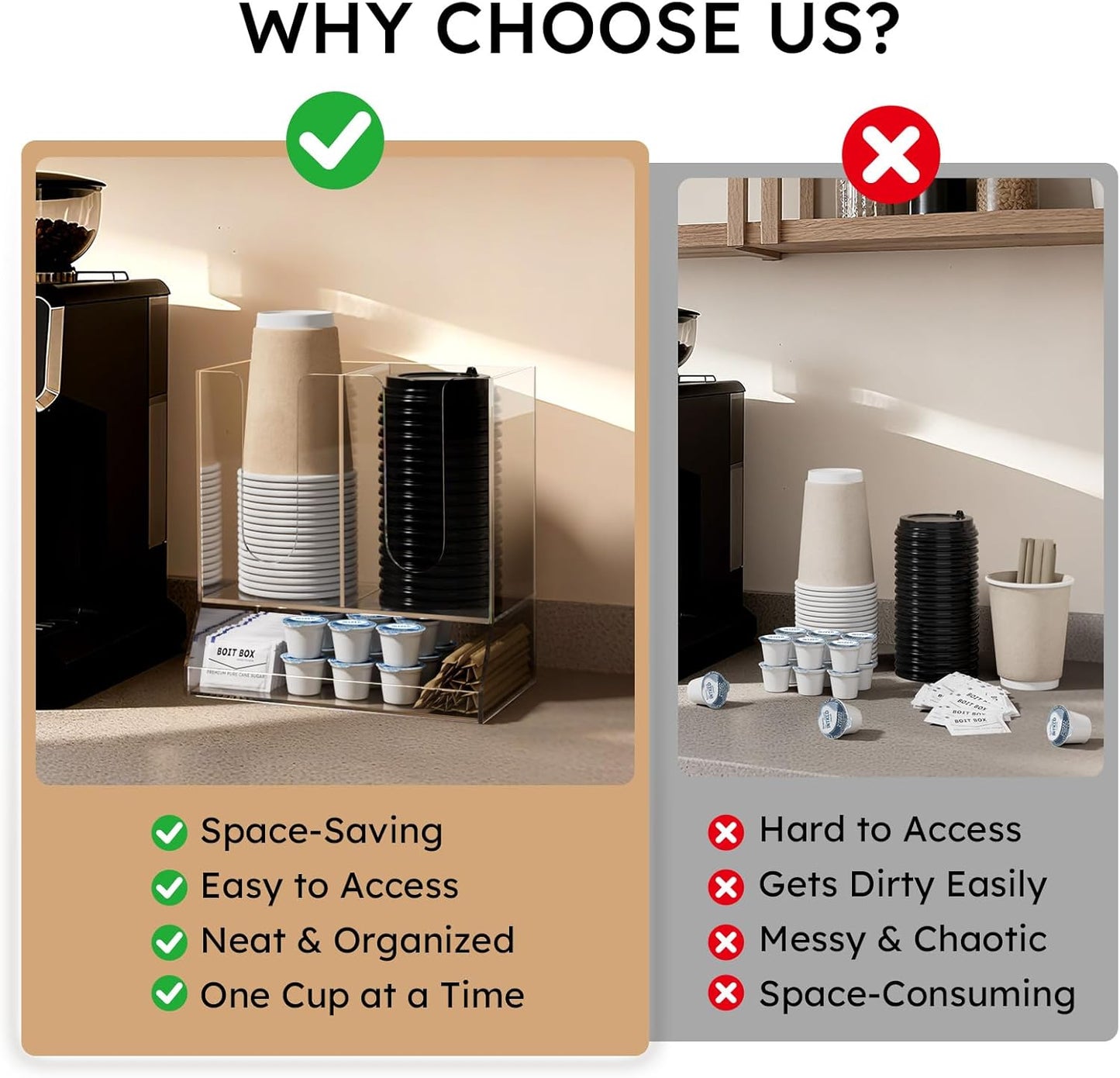 AITEE Acrylic Coffee Station Organizer for Countertop, Holds 20 Cups, All-in-One Coffee Cup and Lid Holder with Condiment Storage for Office Breakroom and Home Kitchen, Clear