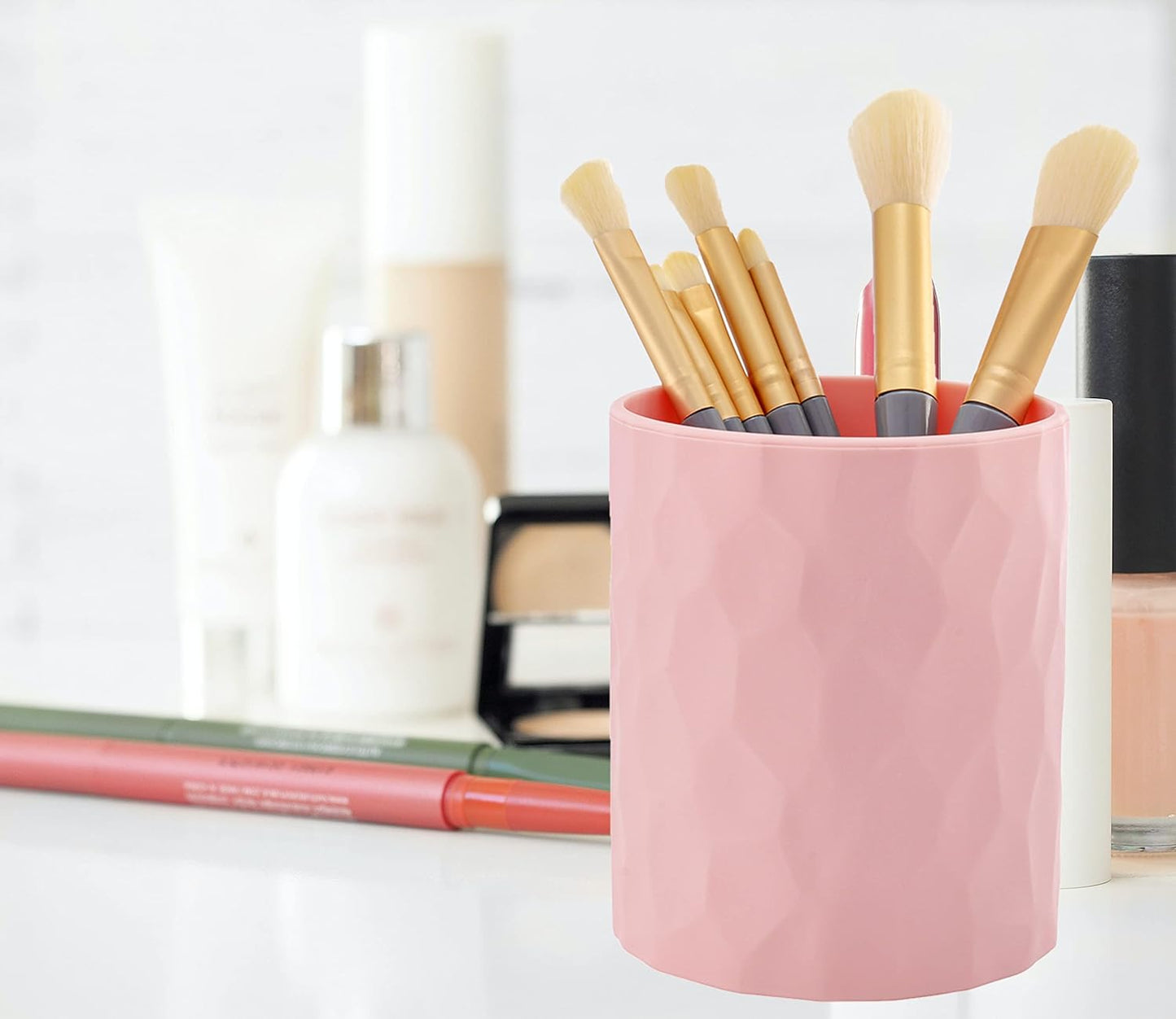 Pen Holder,Nordic Style Silicone Waterproof Pencil Holder for Desk Simple&Modern Minimalist Makeup Organizer Multifunctional Office Supplies for Home,Kids and School (Pink)