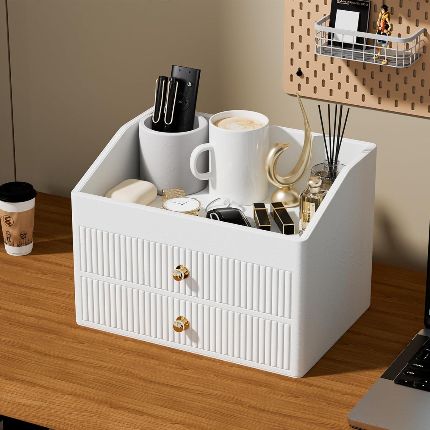 Desk Organizer,Beige White Vegan Leather Desk Accessories & Workspace Organizers with 2 Drawers & Tray,Key Holder with Gold-Tone Metal Accents knob，Jewelry Box,Nightstand