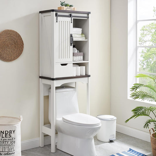Over The Toilet Storage Cabinet, Farmhouse Storage Cabinet with Adjustable Shelves and Sliding Barn Door, Free Standing Over Toilet Bathroom Organizer (Antique White)
