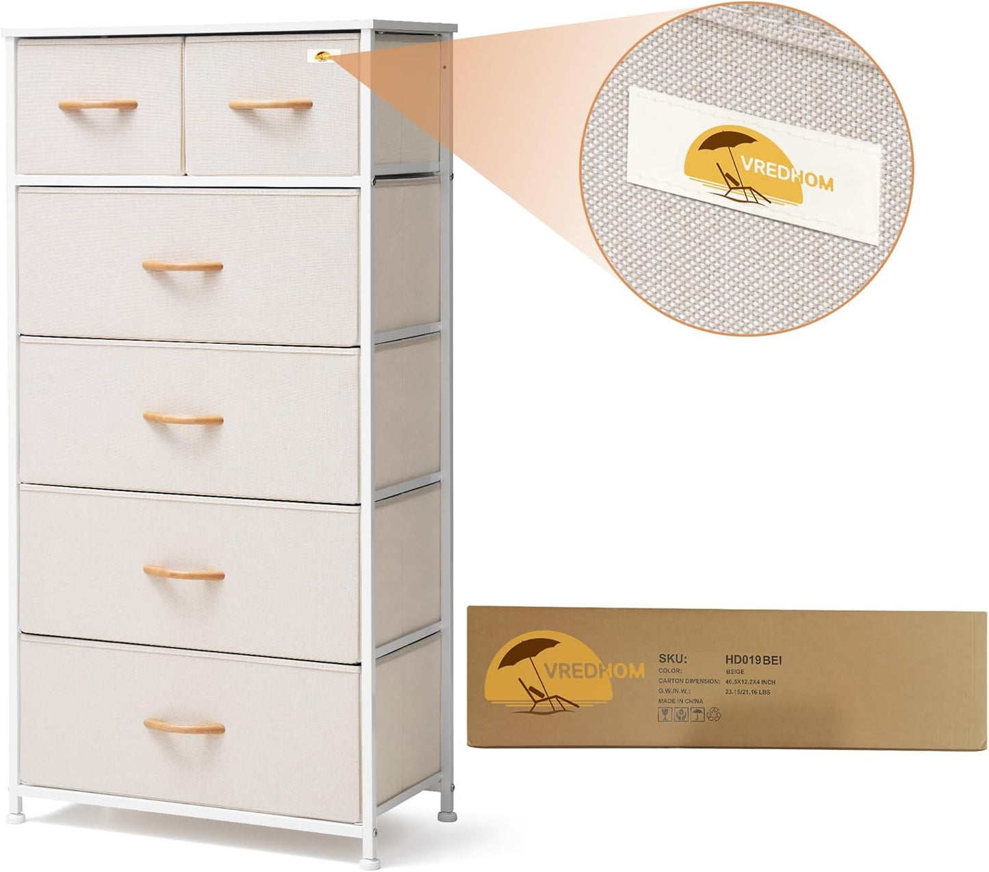 Fabric Dresser for Bedroom, Tall Skinny Dresser with 6 Drawers, Storage Organizer Tower, Steel Frame Wooden Top for Closet, Living Room, Hallway(Beige)