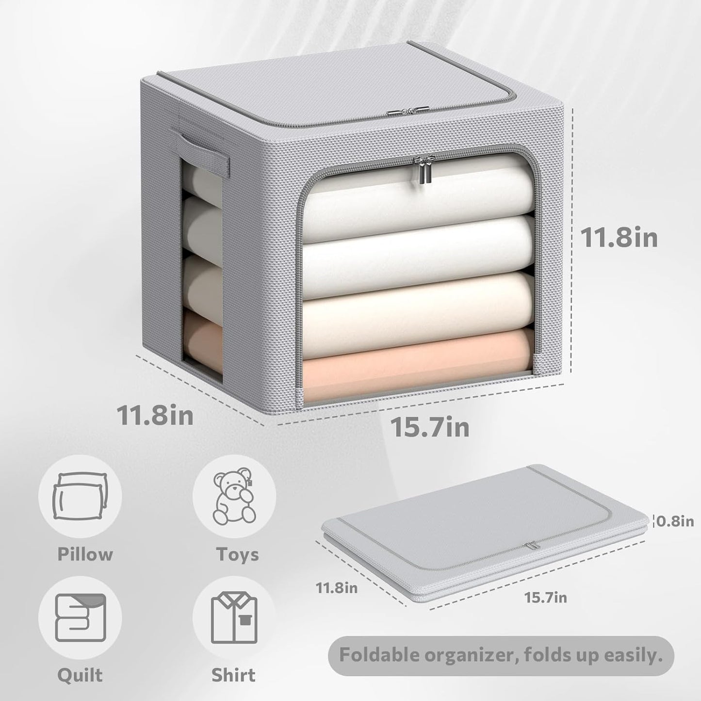 3Pack Frame Storage Box - Clothes Storage Bin Bags Oxford Fabric Foldable Stackable Container Organizer Set with Clear Window & Carry Handles (Grey, X-Small-36L)