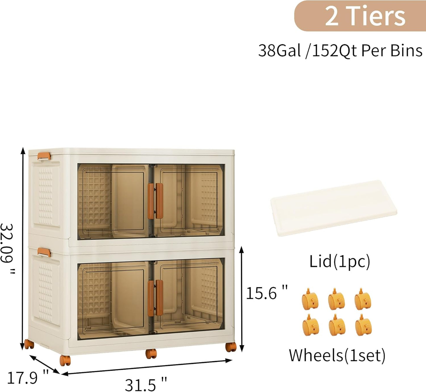 Plastic Stackable Storage Bins with Lids and Wheels, Foldable Closet Organizers and Storage Containers, Collapsible Clear Drawer Storage Cabinet with Doors White 76Gal