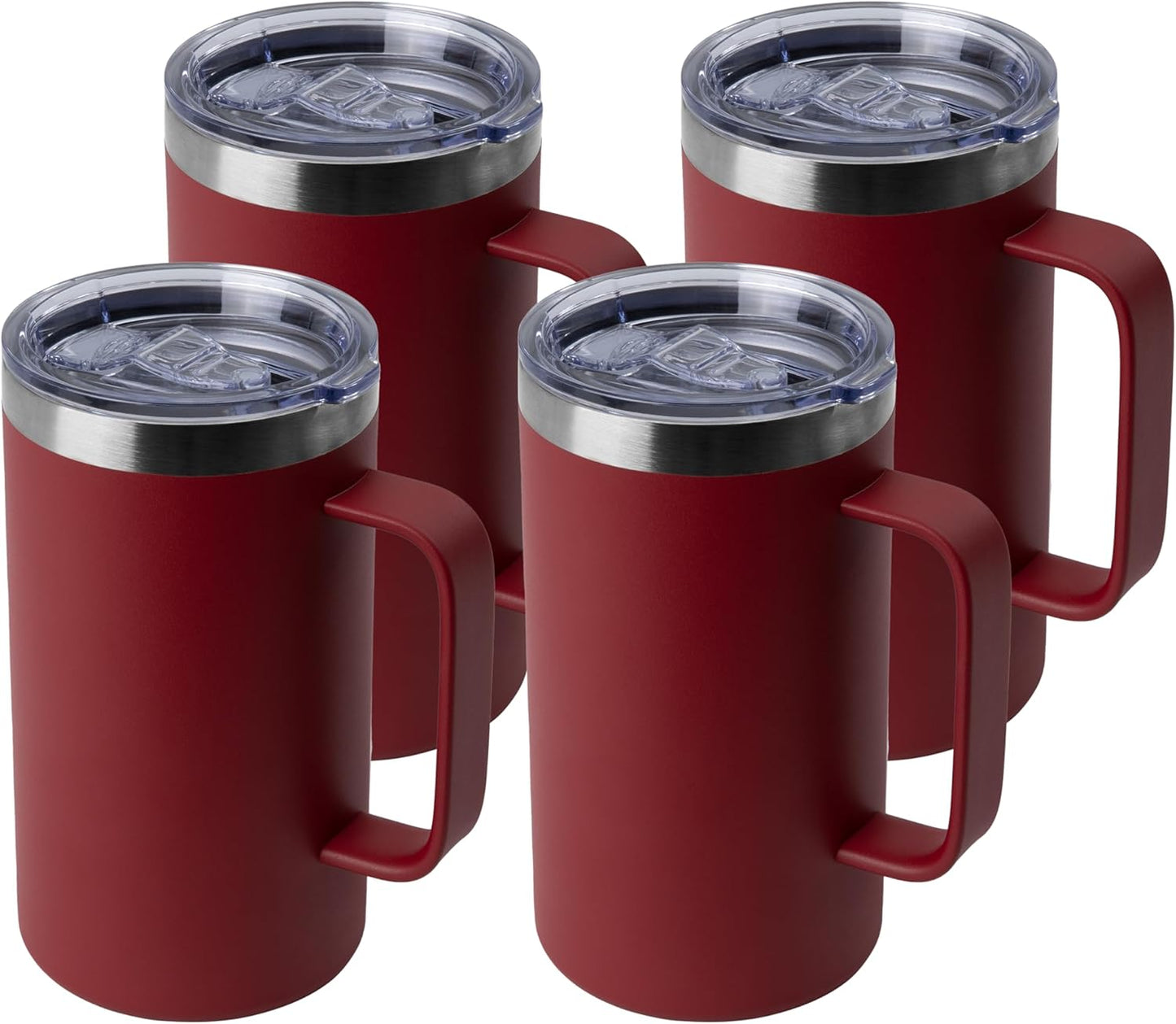 DOMICARE 24oz Mug with Handle and Lid, Stainless Steel Coffee Mug, Travel Mug with Handle, Double Wall Vacuum Coffee Tumbler, Reusable Insulated Cup, Dark Red, Pack 4