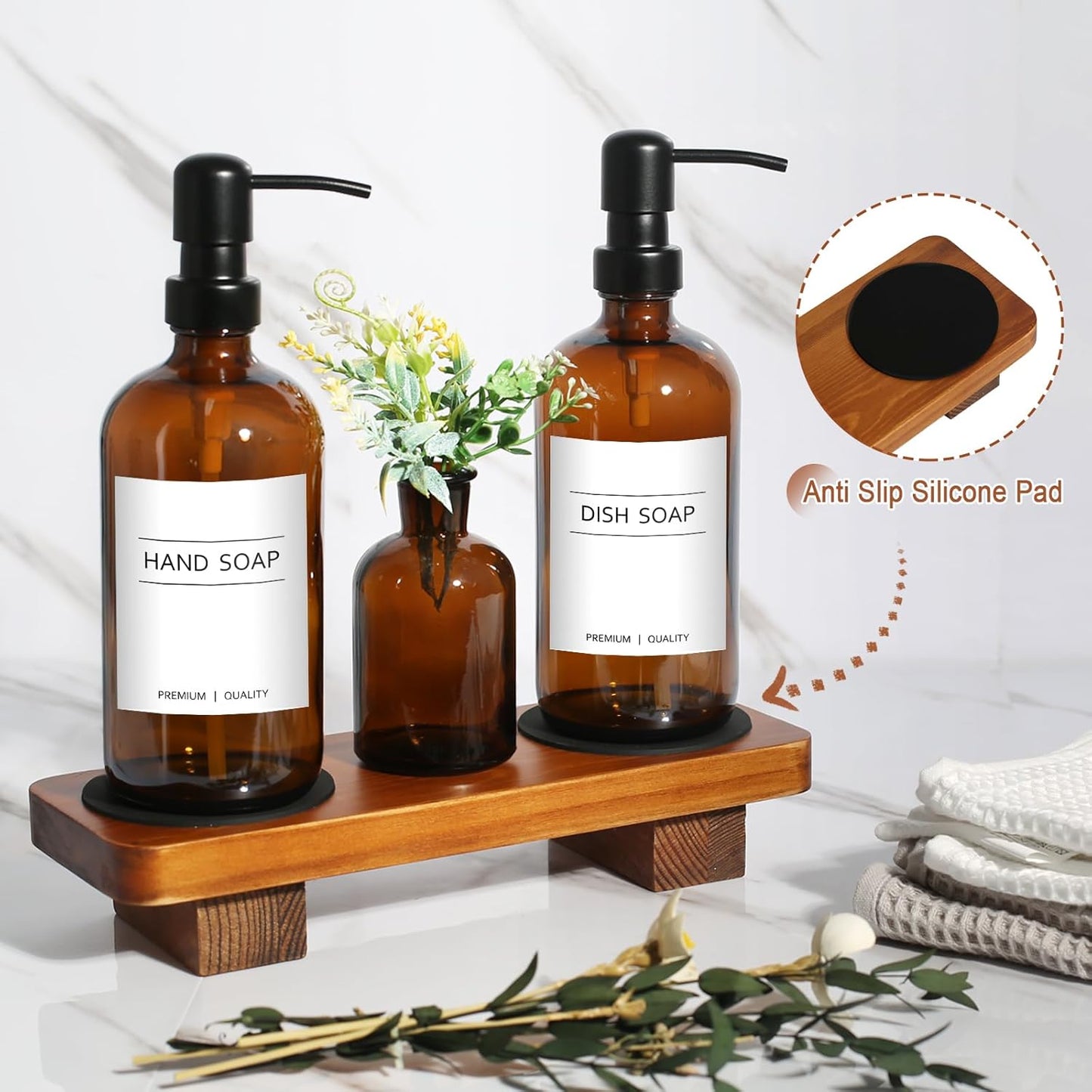 Kitchen Soap Dispenser Set with Wood Riser Tray, Amber Glass Soap Dispenser with Stainless Steel Pump, Hand and Dish Soap Dispenser Set for Kitchen, Soap and Lotion Dispenser Bathroom Decor(Amber)