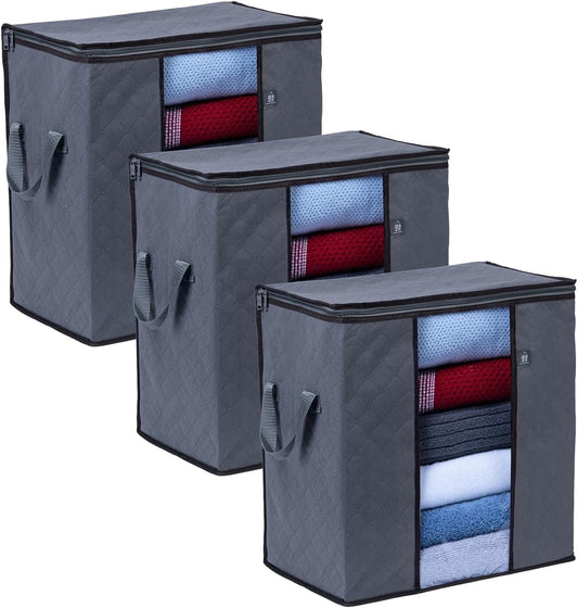 VENO 3 Pack Clothes Storage Bag Organizer with Reinforced Handle Thick Fabric for Comforters, Blankets, Bedding, Foldable with Sturdy Zipper, Clear Window, Reusable (Tall 16.3 Gallon)