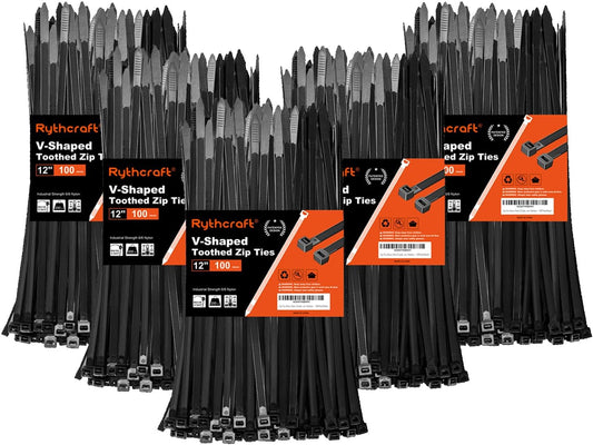 Zip Ties Heavy Duty 12 inch，V-Shaped Toothed Double Sided With 200 LBS Tensile Strength Cable Ties ，Extra Large Wire Ties Adjustable Nylon Tie Wraps for Indoor Outdoor Patented Design（400 Pack Black）