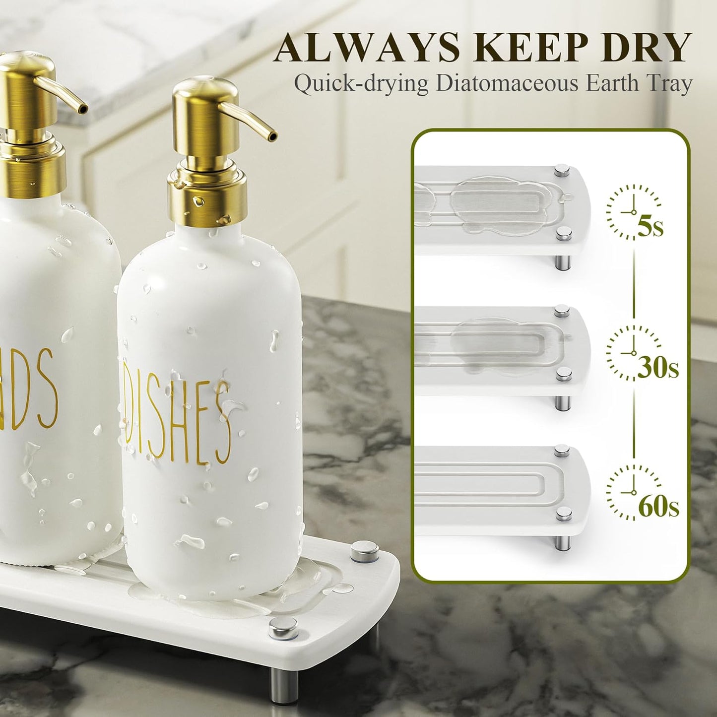 Cisily Gold Kitchen Soap Dispenser Set with Ceramics Sponge Holder and Brush Holder, Gold Pumps, and Instant Dry Tray, Hand and Dish Soap Dispenser Set Suitable for Kitchen Decor and Accessories