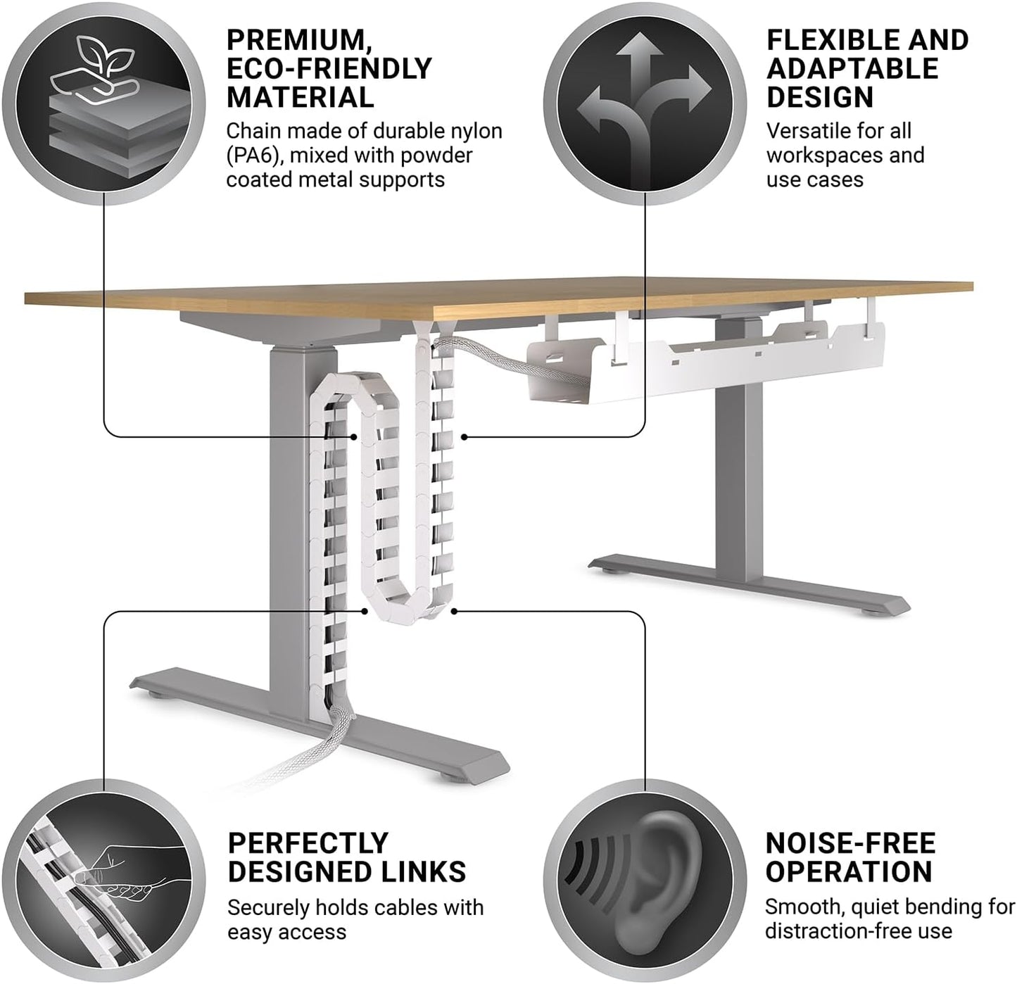 Under Desk Cable Management vertebrae – Perfect for sit Stand Desk Cable Management - Wire Management - Adjustable Length - Flexible Cable Spine - Chain Raceway Cable Management (White)