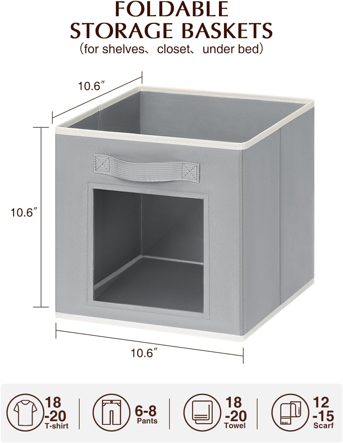 Storage Cube 11 Inch - Cube Storage Bins with Window, Closet Storage Baskets with Handle, Fabric Bins for Closet, Shelves, Toys, Clothes, Set of 6, Grey