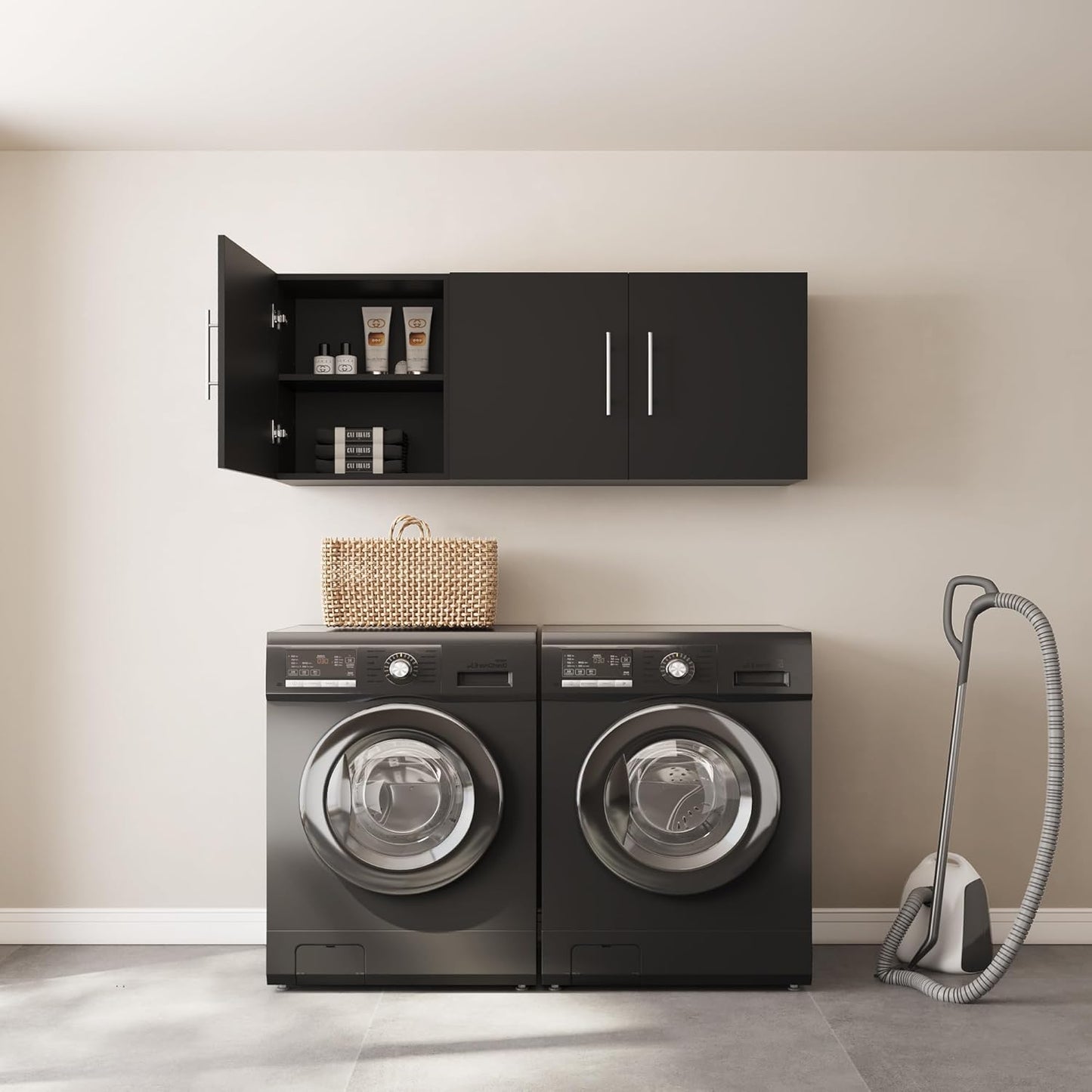 Laundry Wall Cabinet, 54"W x 12"D x 20"H Wooden Wall Mounted Storage Cabinet, 3 Door Cabinet with Soft Close and Metal Handle and Adjustable Shelf, for Kitchen, Garage, Laundry, Bathroom, Black