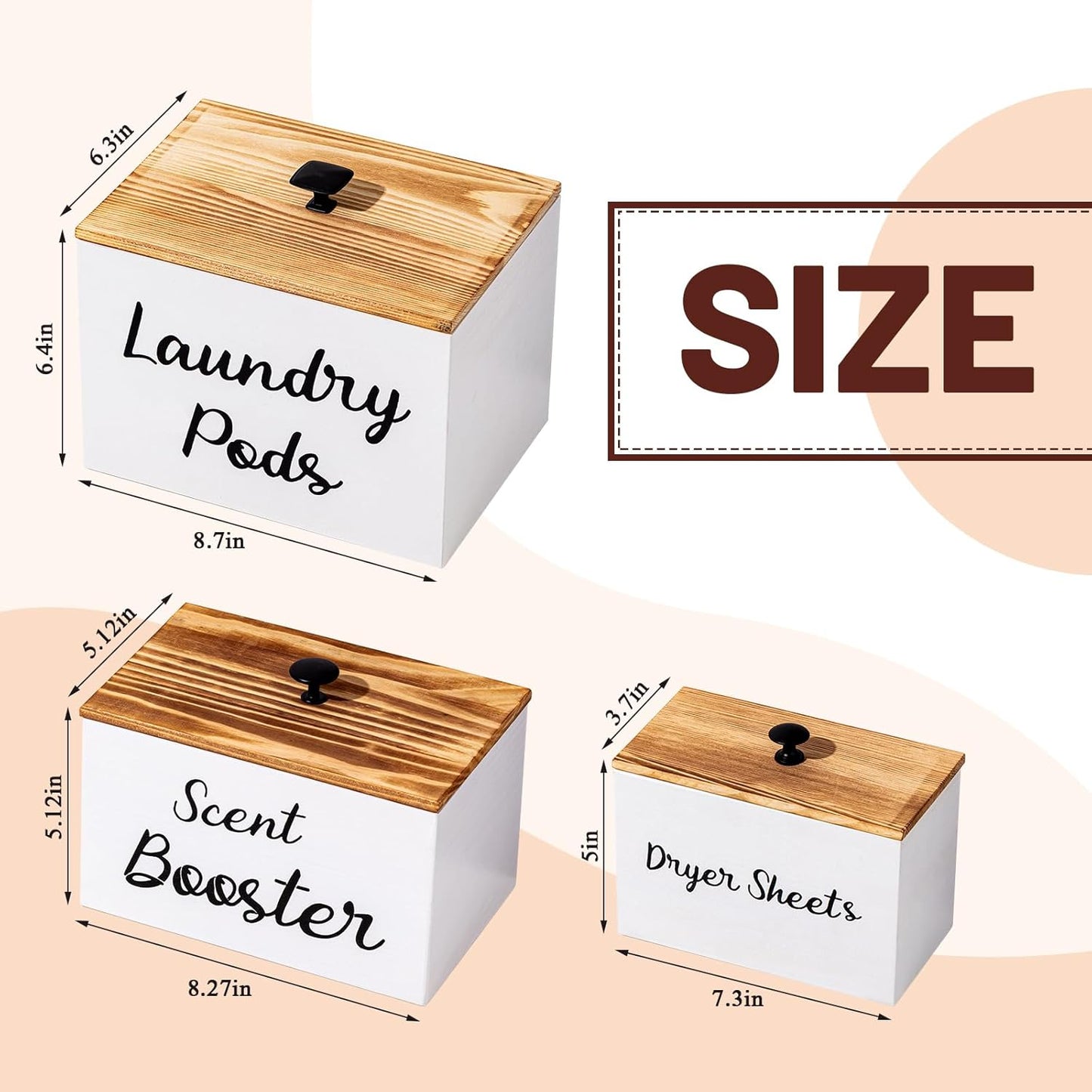 Dandat 3 Pcs Dryer Sheet Holder Laundry Pod Holder Scent Booster Container Set with Scoop Rustic Wood Dryer Sheet Container Laundry Beads Dispenser for Storage(White)
