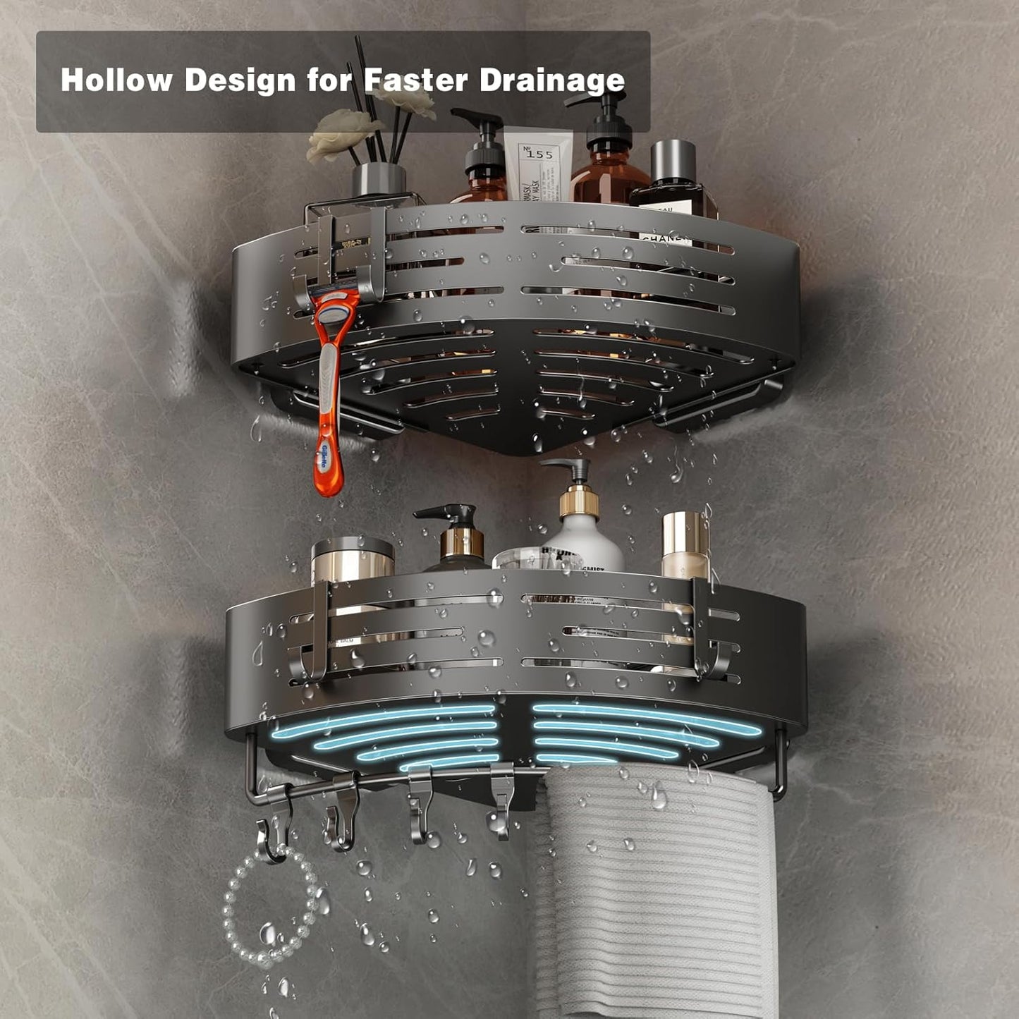 Voldra Corner Shower Caddy Suction Cup, Corner Shower Shelves No Drilling, Aluminum Upgrade Suction Cup Shower Organizer with Towel Bar & Hooks Removable Bathroom Storage Rack(3 Pack,Gray)